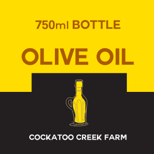 cockatoos creek farm olive oil, 750ml bottle, yellow label with hand drawn olive oil bottle and text about the product